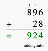 Calculate 896 + 28 using long addition