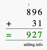 Calculate 896 + 31 using long addition