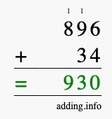 Calculate 896 + 34 using long addition