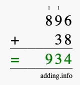 Calculate 896 + 38 using long addition