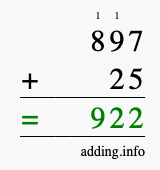 Calculate 897 + 25 using long addition