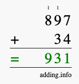 Calculate 897 + 34 using long addition
