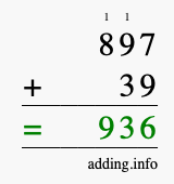 Calculate 897 + 39 using long addition