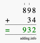 Calculate 898 + 34 using long addition