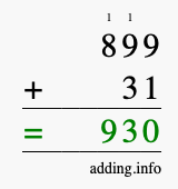 Calculate 899 + 31 using long addition