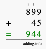 Calculate 899 + 45 using long addition
