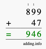 Calculate 899 + 47 using long addition