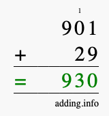 Calculate 901 + 29 using long addition