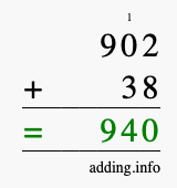 Calculate 902 + 38 using long addition