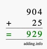 Calculate 904 + 25 using long addition