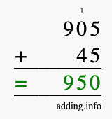 Calculate 905 + 45 using long addition