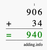 Calculate 906 + 34 using long addition