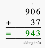 Calculate 906 + 37 using long addition