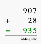 Calculate 907 + 28 using long addition