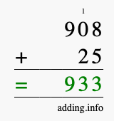 Calculate 908 + 25 using long addition