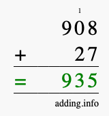 Calculate 908 + 27 using long addition