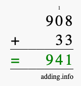 Calculate 908 + 33 using long addition