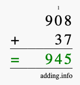 Calculate 908 + 37 using long addition