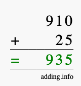 Calculate 910 + 25 using long addition