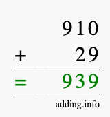 Calculate 910 + 29 using long addition