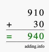 Calculate 910 + 30 using long addition