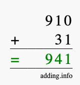 Calculate 910 + 31 using long addition