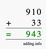 Calculate 910 + 33 using long addition