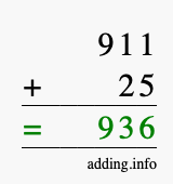 Calculate 911 + 25 using long addition