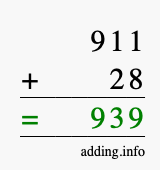 Calculate 911 + 28 using long addition