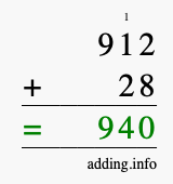 Calculate 912 + 28 using long addition