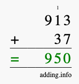 Calculate 913 + 37 using long addition