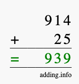 Calculate 914 + 25 using long addition