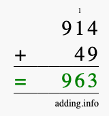 Calculate 914 + 49 using long addition