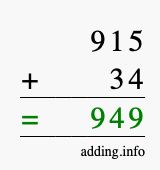 Calculate 915 + 34 using long addition