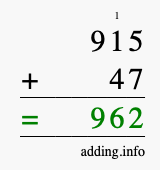 Calculate 915 + 47 using long addition