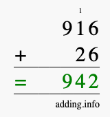 Calculate 916 + 26 using long addition