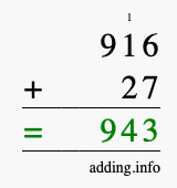 Calculate 916 + 27 using long addition