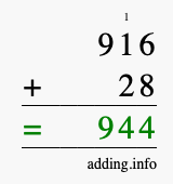 Calculate 916 + 28 using long addition