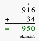 Calculate 916 + 34 using long addition