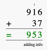 Calculate 916 + 37 using long addition