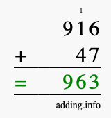 Calculate 916 + 47 using long addition