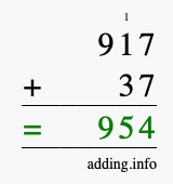 Calculate 917 + 37 using long addition