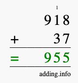 Calculate 918 + 37 using long addition