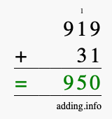 Calculate 919 + 31 using long addition