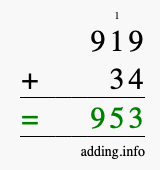 Calculate 919 + 34 using long addition
