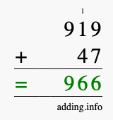Calculate 919 + 47 using long addition