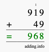 Calculate 919 + 49 using long addition