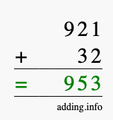Calculate 921 + 32 using long addition