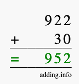 Calculate 922 + 30 using long addition
