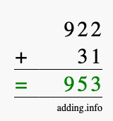 Calculate 922 + 31 using long addition